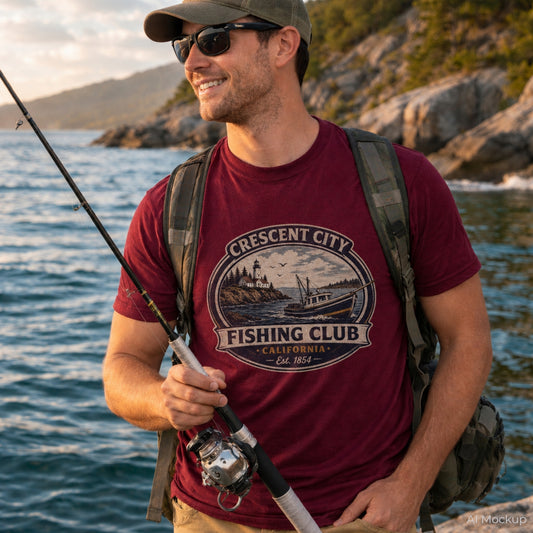 A man wearing a maroon graphic t-shirt with a 'Crescent City Fishing Club' print, standing on a rocky shoreline with the ocean in the background while holding a fishing rod.