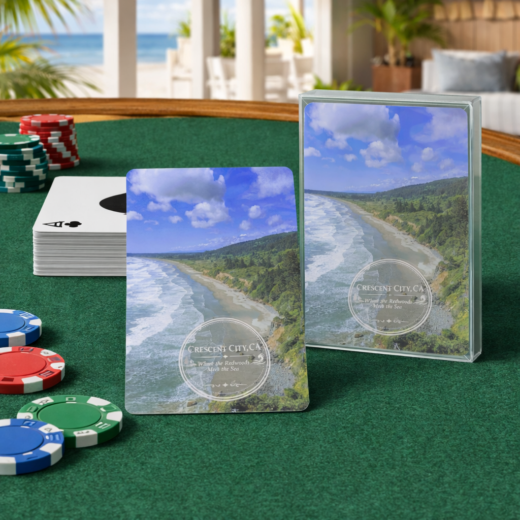 Souvenir playing cards with Crescent City, CA overlook scenic design on a green table with poker chips.