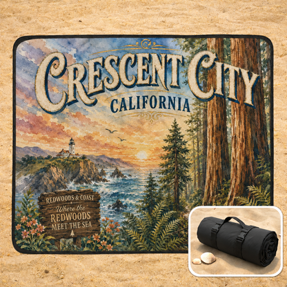 Crescent City California outdoor blanket featuring redwood trees, ocean cliffs, and a lighthouse with a plush fleece top and water-resistant backing.