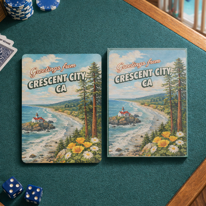 Playing cards with text Greetings from Crescent City, CA over a scenic beach graphic on a green table with dice and playing cards.