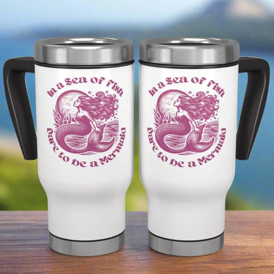Two White 14 oz travel mug with black handle and mermaid with text Dare to be a Mermaid.
