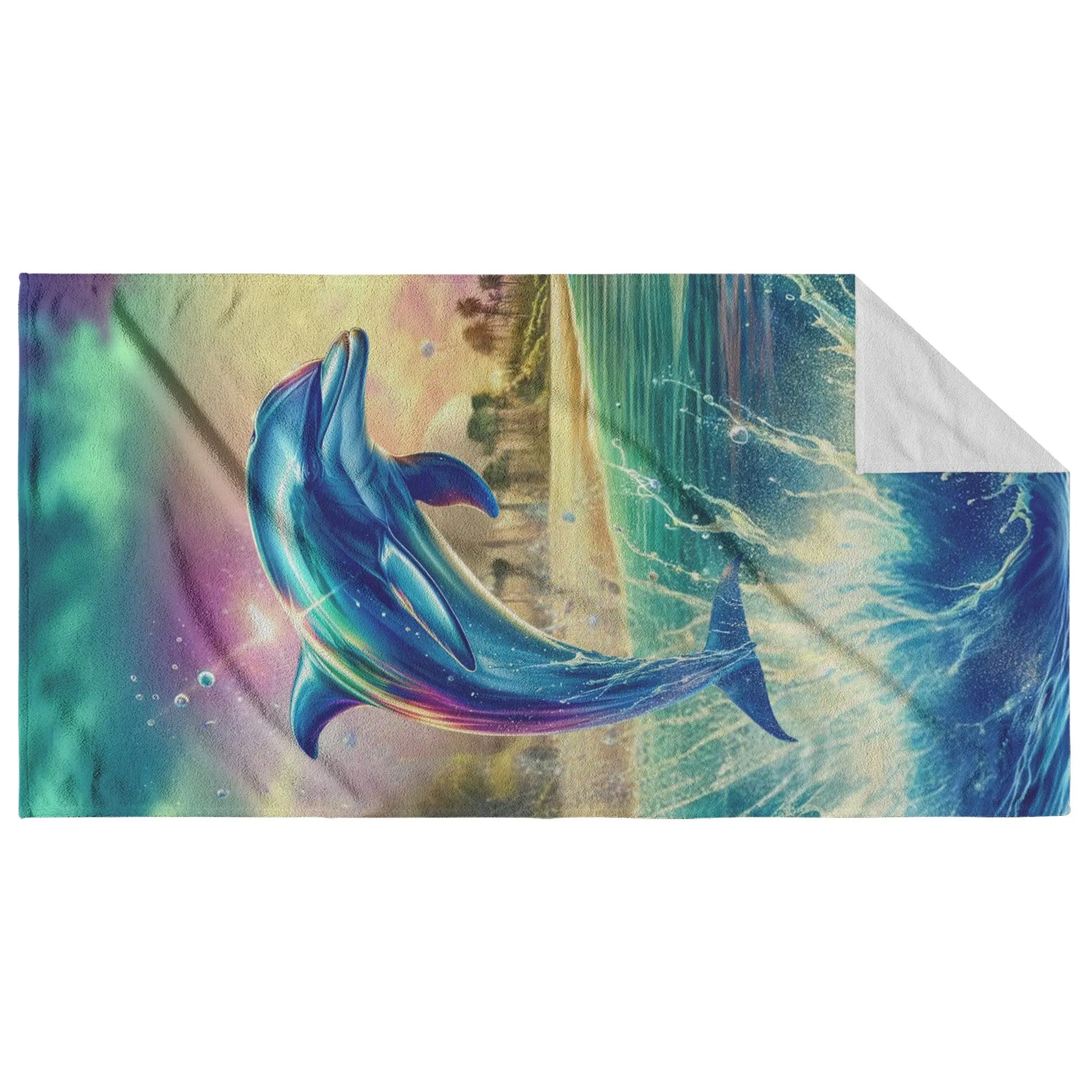 Beach Towel with metallic colorful dolphin jumping out of water with beach scene backgrounds.
