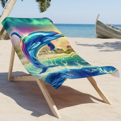 Beach Towel with metallic colorful dolphin jumping out of water with beach scene backgrounds.