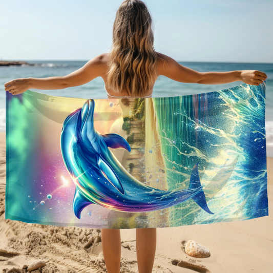 Beach Towel with metallic colorful dolphin jumping out of water with beach scene backgrounds.