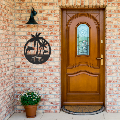 Dolphin_Paradise_Metal_Sign_Black_Brick_Entrance_Mockup.png