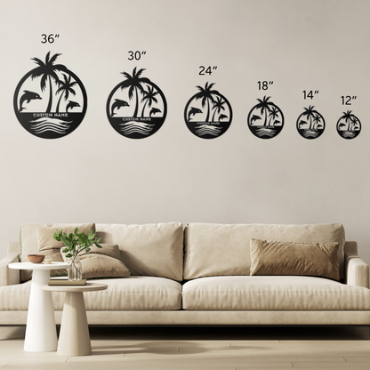 Size Chart for custom metal wall art featuring two dolphins jumping near palm trees with space for a family name, established year, or custom phrase in various sizes and colors.