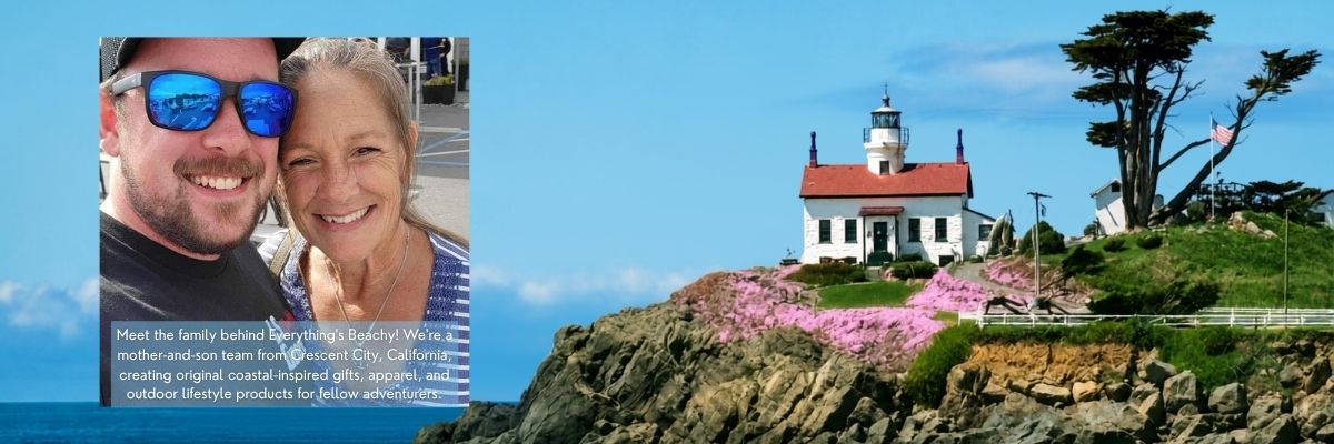 A scenic picture of Battery Point Lighthouse in Crescent City, CA with a picture of the owners of Everything's Beachy.