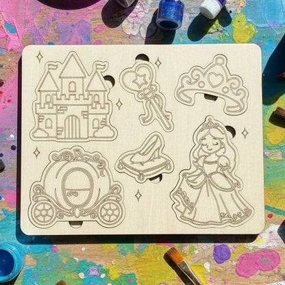 Laser-engraved wooden Enchanted Princess wooden puzzle with paint kit.