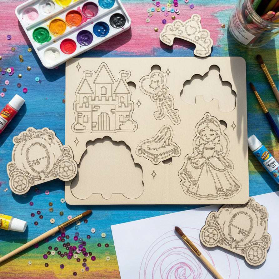 Princess-themed wooden laser-cut puzzle with paint kit.