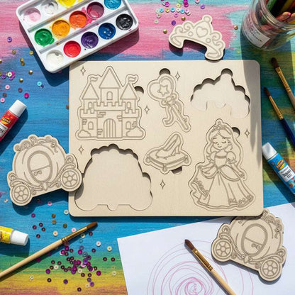 Princess-themed wooden laser-cut puzzle with paint kit.