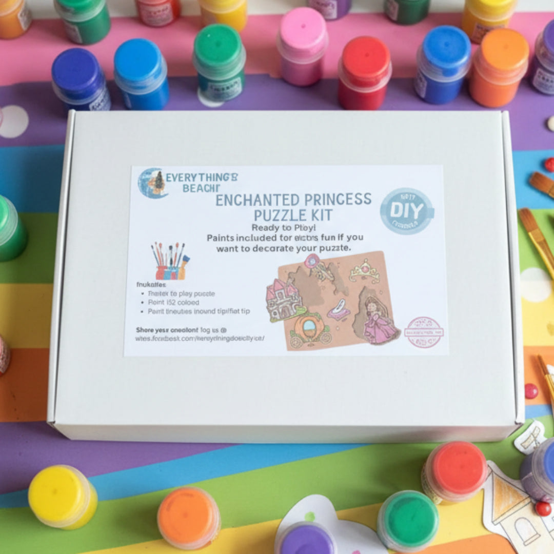 Enchanted Princess Puzzle Kit packaging with paint bottles on a colorful background