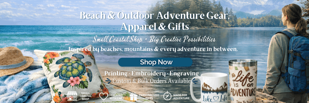 A promotional banner for a beach and outdoor adventure gear shop, featuring a woman with a blue backpack looking at a ocean view, a straw hat, a colorful turtle pillow, and printed mugs with the phrase 'Life is an Adventure'.