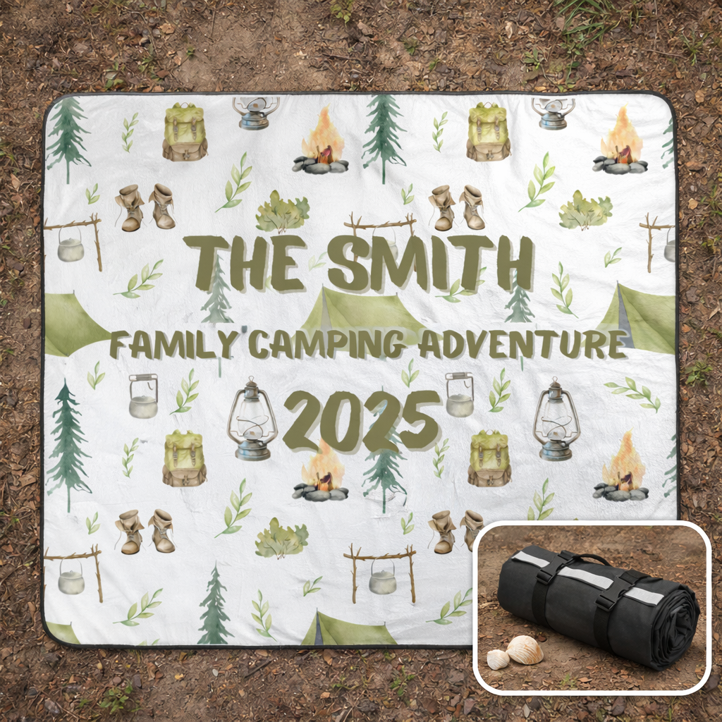 Personalized camping-themed blanket with 'The Smith Family Camping Adventure 2025' text, surrounded by camping-related illustrations with an inset of it rolled up as a tote bag.
