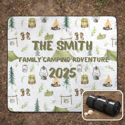 Personalized camping-themed blanket with 'The Smith Family Camping Adventure 2025' text, surrounded by camping-related illustrations with an inset of it rolled up as a tote bag.