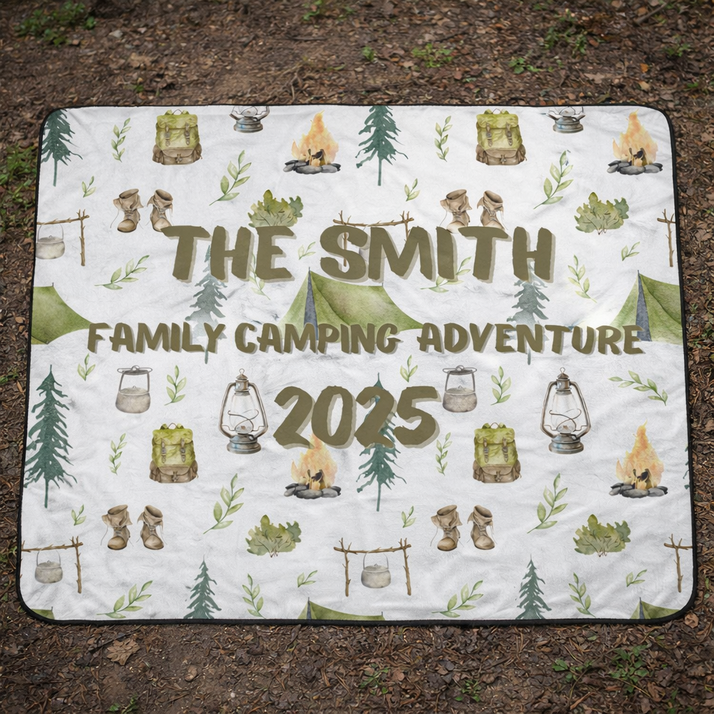 Camping-themed blanket with 'The Smith Family Camping Adventure 2025' text on a natural background.