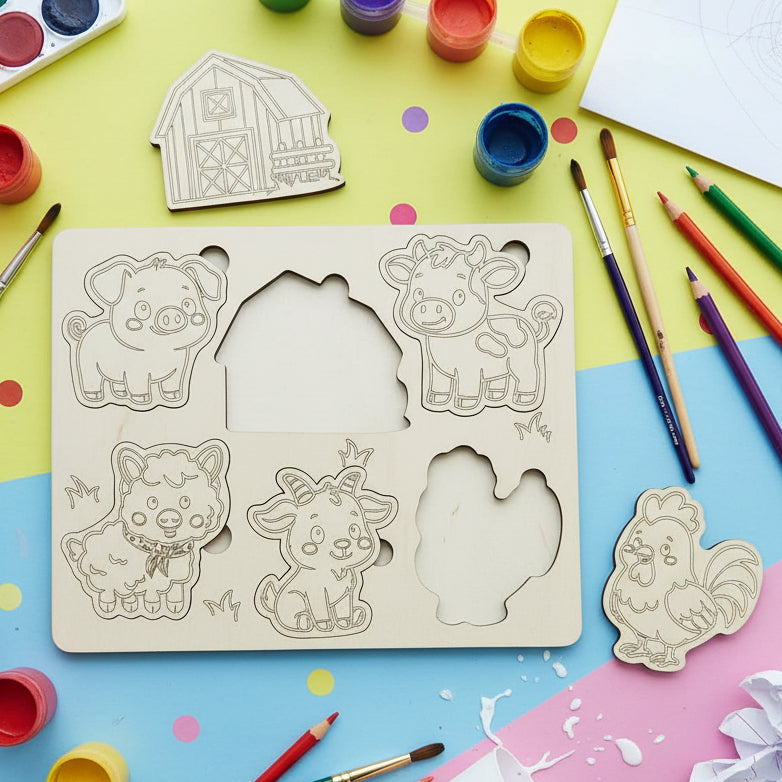 Laser-cut wooden farm animals puzzle with cow, pig, rooster, sheep, and barn.
