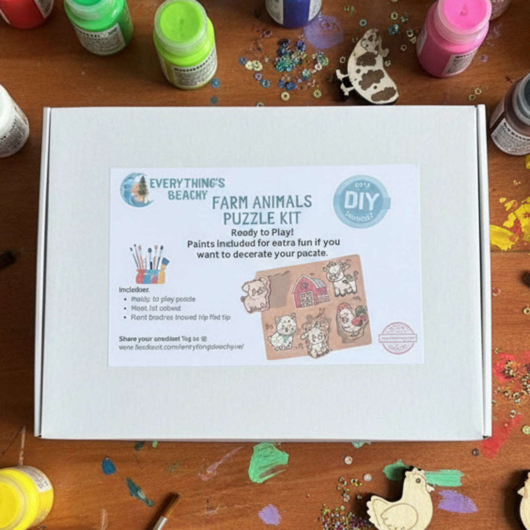 Farm animals puzzle kit packaging on a wooden surface