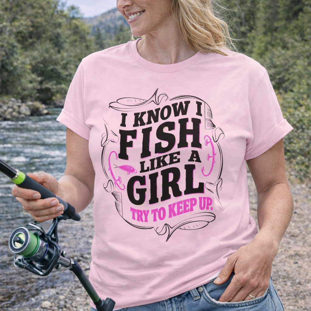Woman wearing a pink t-shirt with the text I Know I fish like a girl, try to keep up.