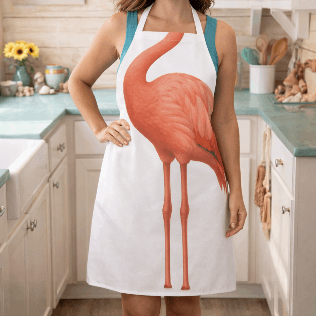 White apron with flamingo body and white straps.