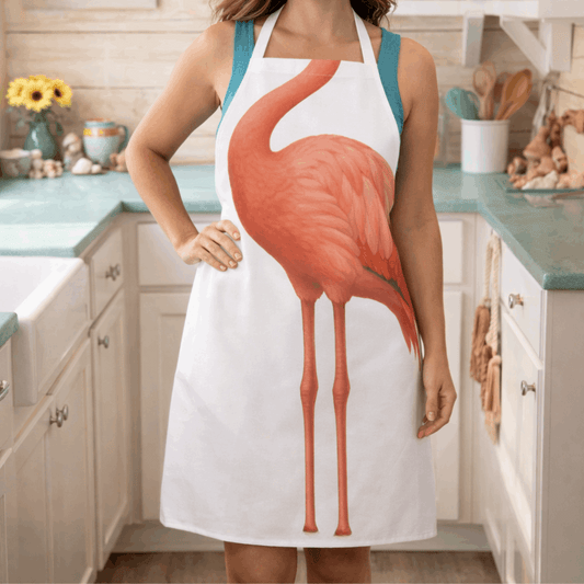 White apron with flamingo body and white straps.