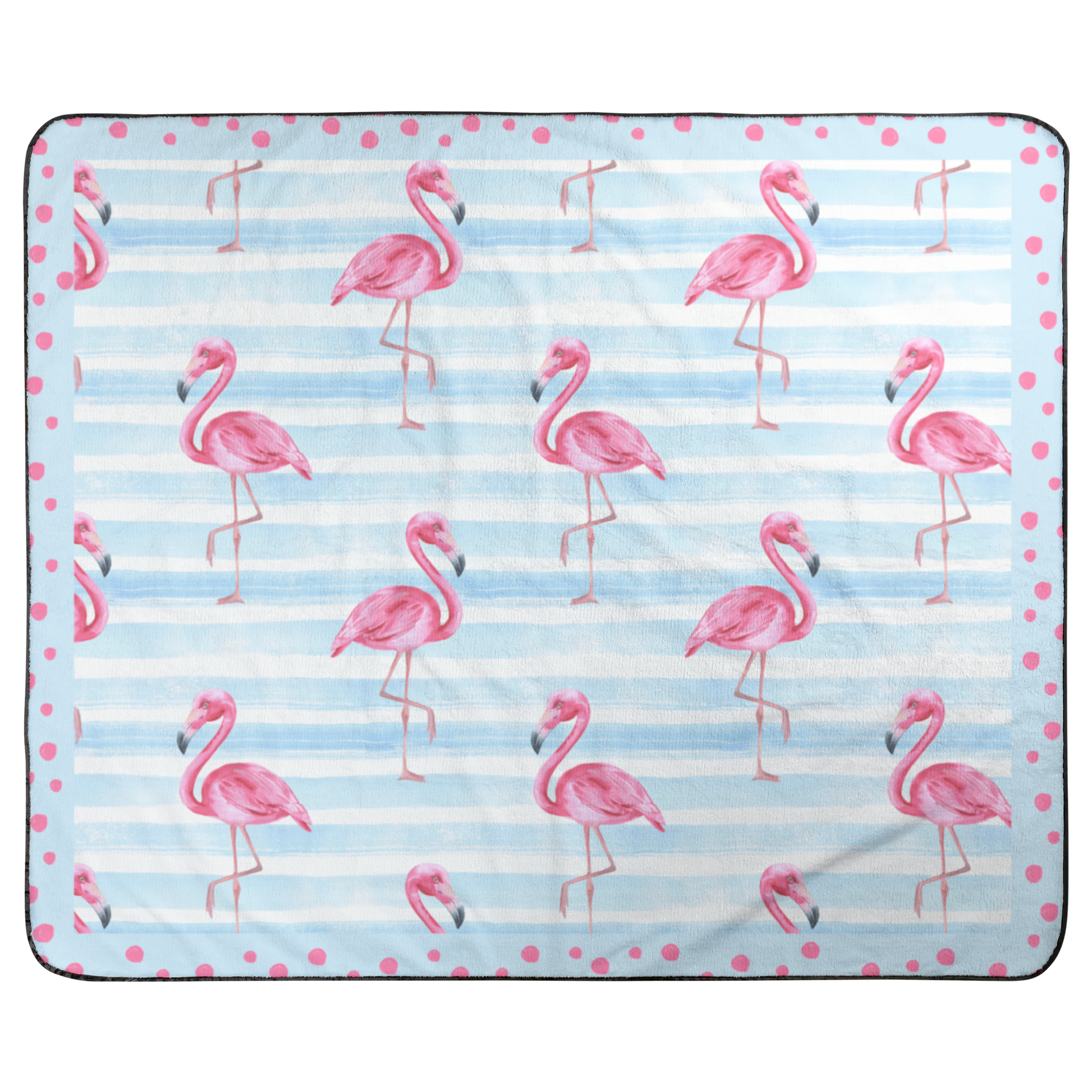 Flamingo Fun Packable Outdoor Blanket Beach Blanket with blue and white stripes and pink polka dot frame. 