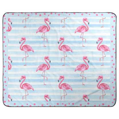 Flamingo Fun Packable Outdoor Blanket Beach Blanket with blue and white stripes and pink polka dot frame. 