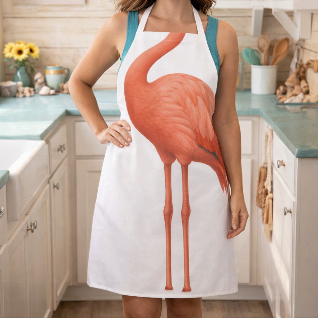 White apron with flamingo body and white straps.