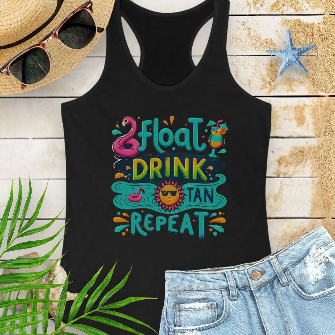 Our Float Drink Tan Repeat Black Racerback Tank is made for sunny days and carefree vibes! Featuring a fun, colorful design with a flamingo floaty, tropical cocktail, and a cool sun in shades.