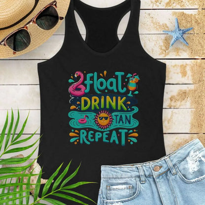 Our Float Drink Tan Repeat Black Racerback Tank is made for sunny days and carefree vibes! Featuring a fun, colorful design with a flamingo floaty, tropical cocktail, and a cool sun in shades.