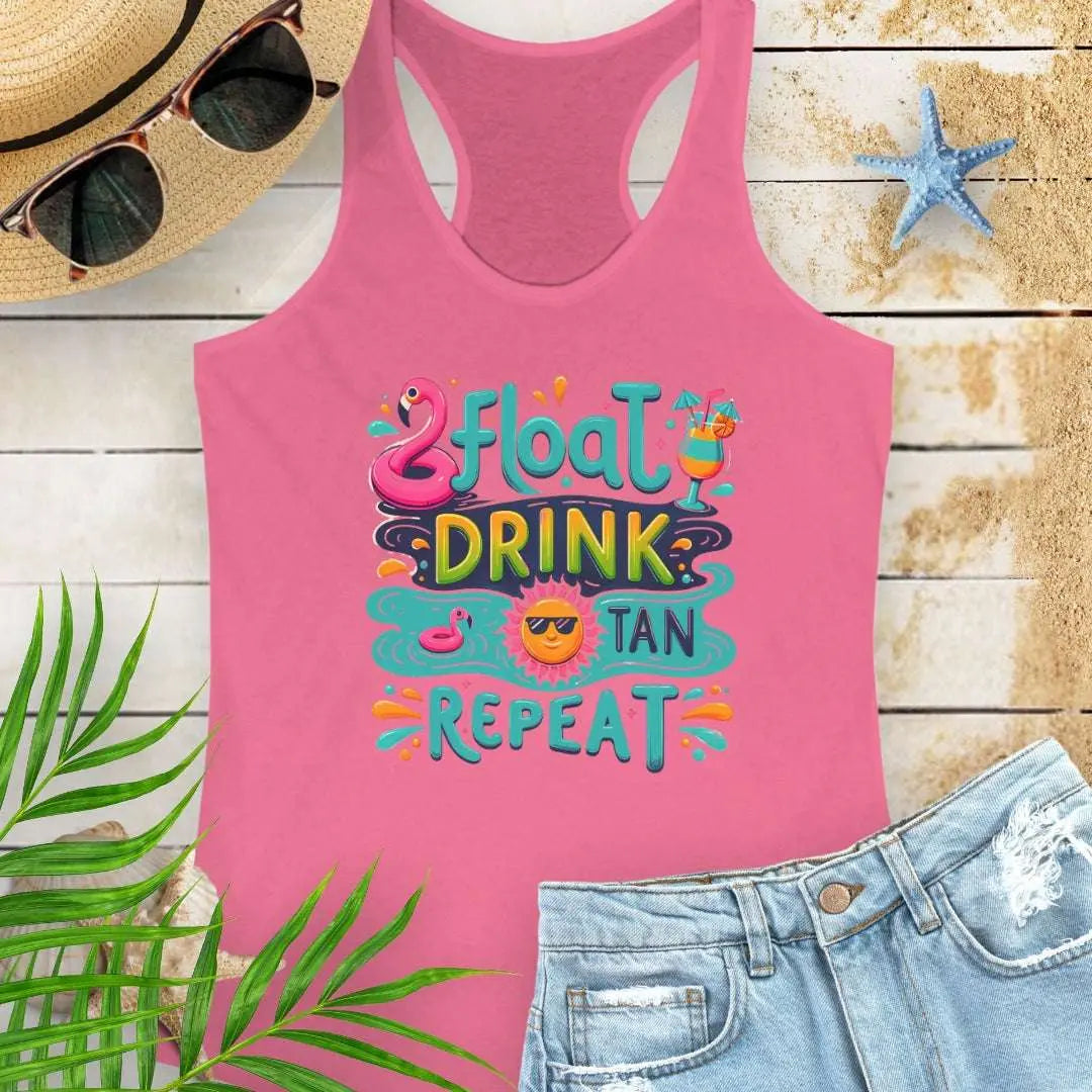 Our Float Drink Tan Repeat Hot Pink Racerback Tank is made for sunny days and carefree vibes! Featuring a fun, colorful design with a flamingo floaty, tropical cocktail, and a cool sun in shades.