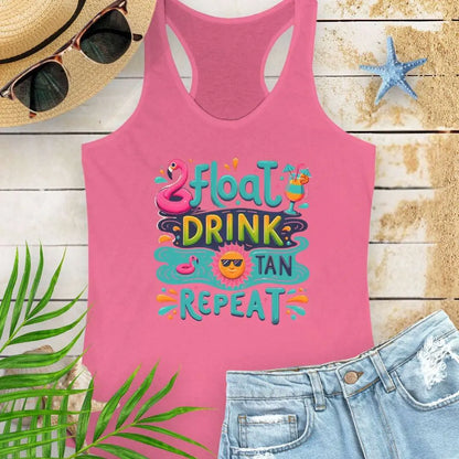 Our Float Drink Tan Repeat Hot Pink Racerback Tank is made for sunny days and carefree vibes! Featuring a fun, colorful design with a flamingo floaty, tropical cocktail, and a cool sun in shades.