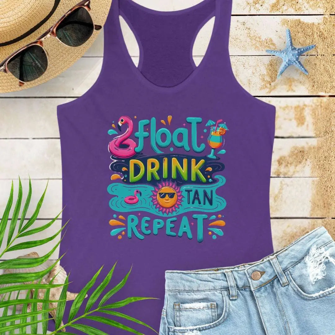 Our Float Drink Tan Repeat Purple Racerback Tank is made for sunny days and carefree vibes! Featuring a fun, colorful design with a flamingo floaty, tropical cocktail, and a cool sun in shades.