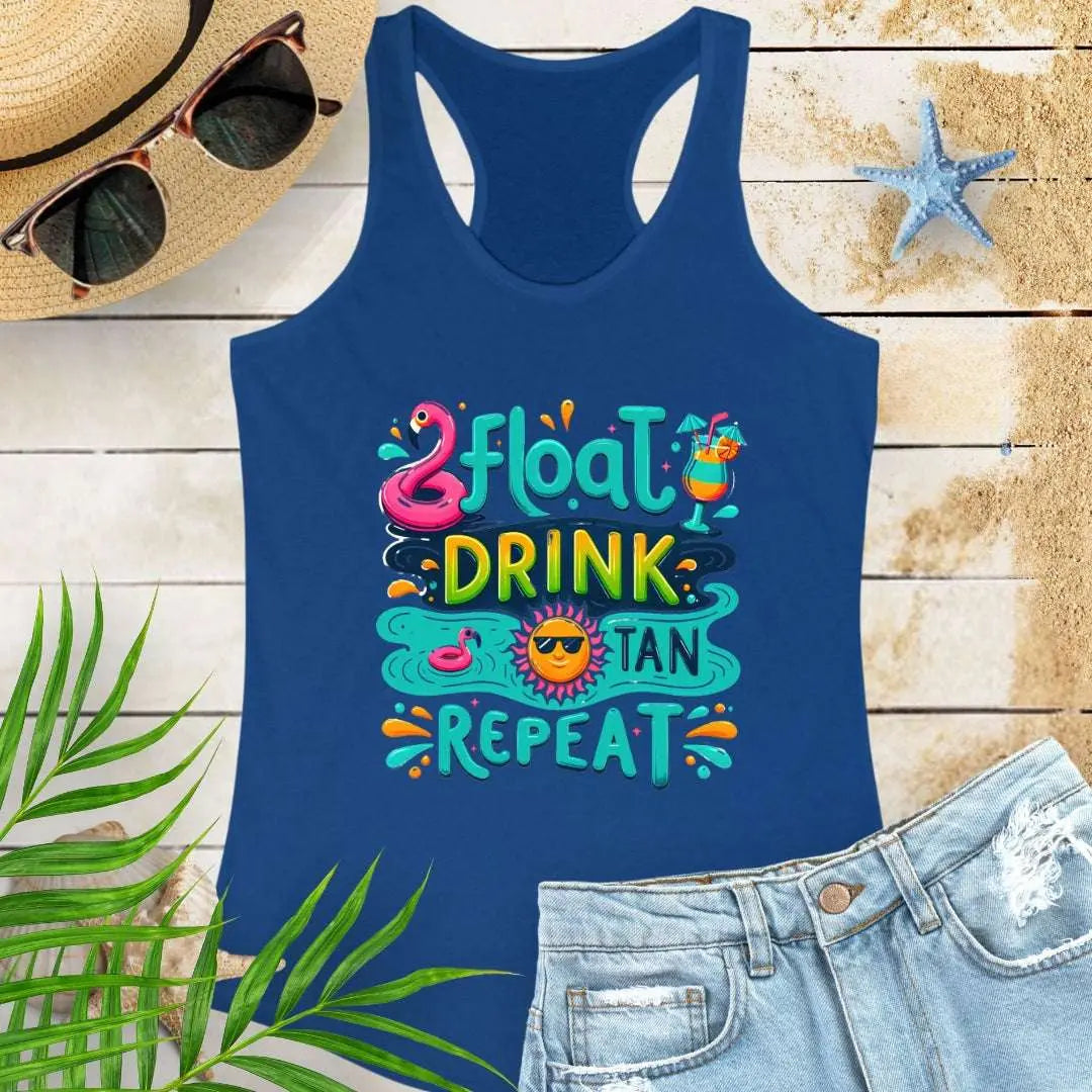 Our Float Drink Tan Repeat Royal Blue Racerback Tank is made for sunny days and carefree vibes! Featuring a fun, colorful design with a flamingo floaty, tropical cocktail, and a cool sun in shades.