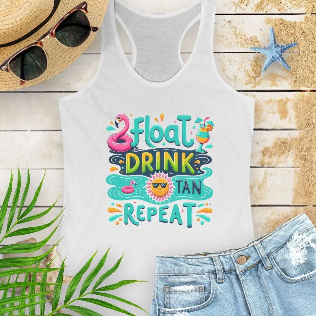 Our Float Drink Tan Repeat White Racerback Tank is made for sunny days and carefree vibes! Featuring a fun, colorful design with a flamingo floaty, tropical cocktail, and a cool sun in shades.