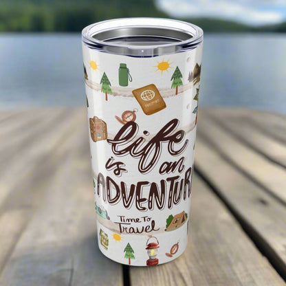 20oz stainless steel tumbler with “Life is an Adventure” text and wraparound print featuring tents, compass, trees, sun, lantern, and camping icons.