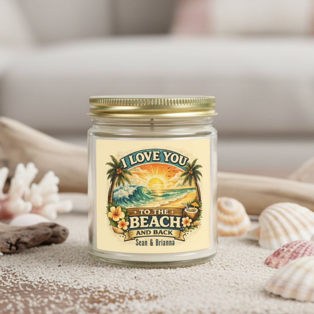Candle jar with a beach-themed label on a white background