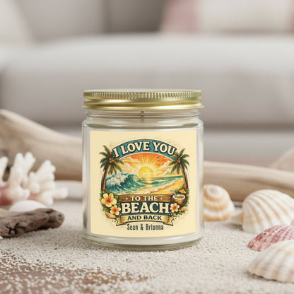 Candle jar with a beach-themed label on a white background