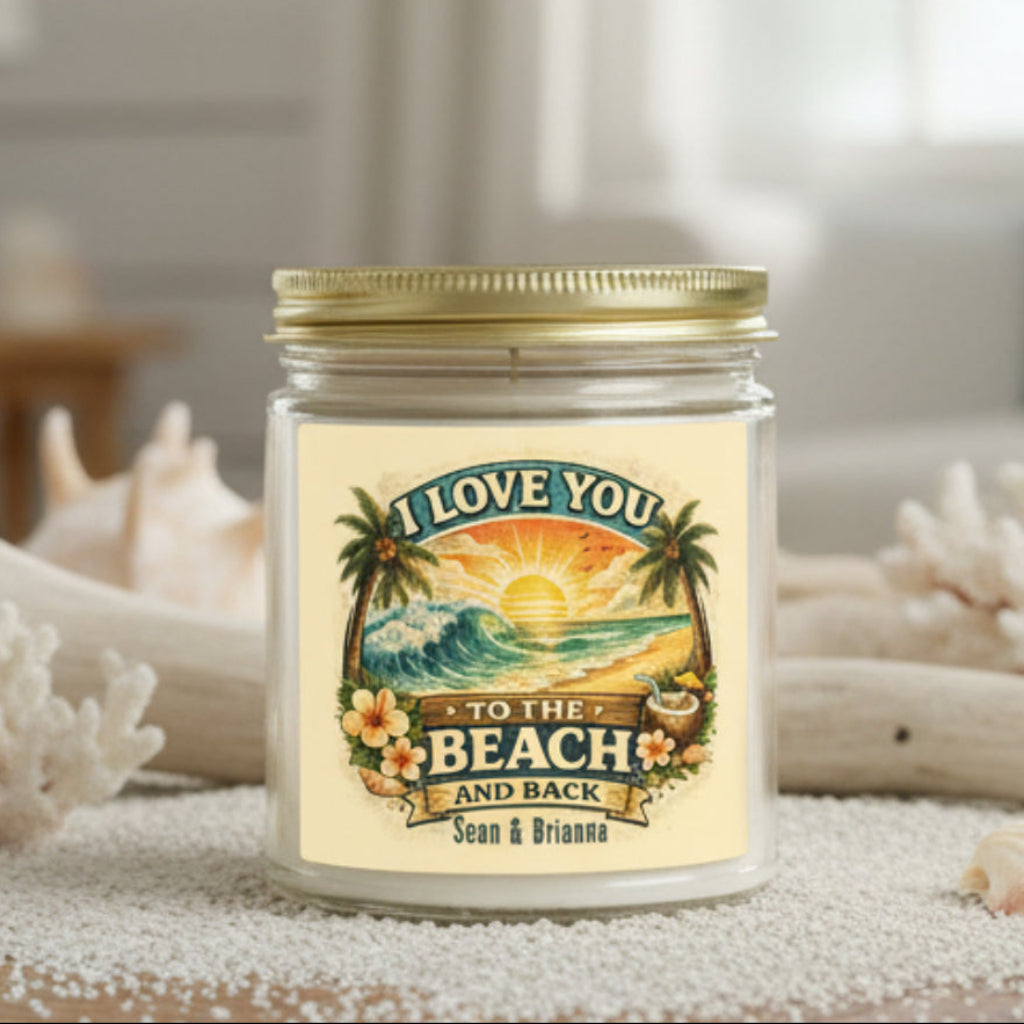 Candle jar with a beach-themed label on a white background