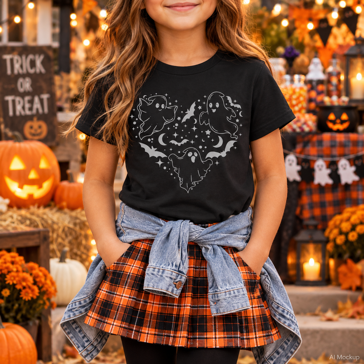 A girl wearing a black youth t-shirt with black ghost heart design featuring cute ghosts, bats, stars, moons, and spooky Halloween line art.