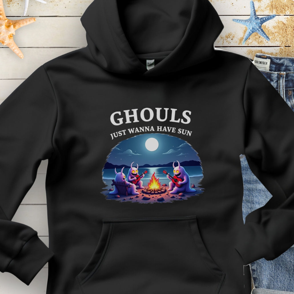 Black hoodie with Ghouls around campfire with text Ghouls Just Wanna Have Sun