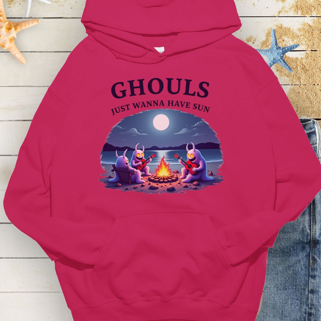 Heliconia hoodie with Ghouls around campfire with text Ghouls Just Wanna Have Sun