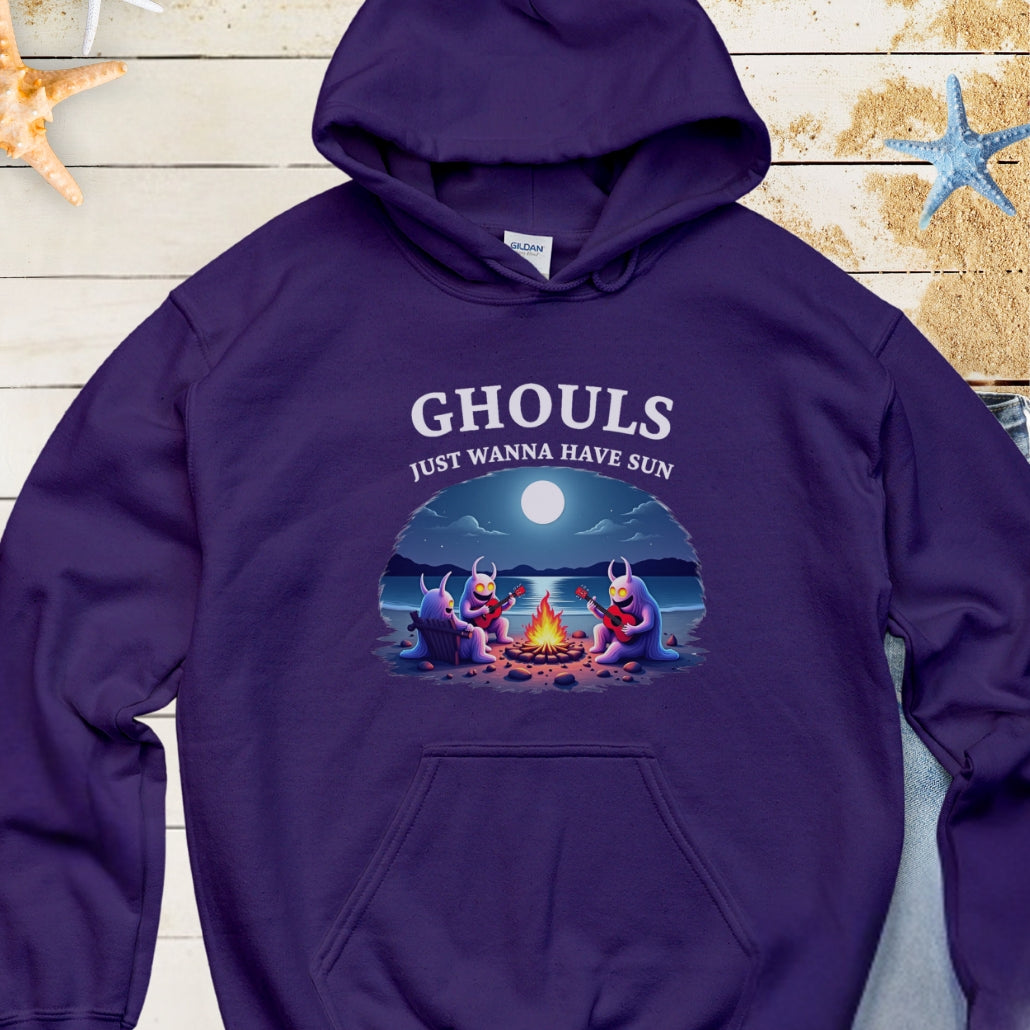 Navy hoodie with Ghouls around campfire with text Ghouls Just Wanna Have Sun