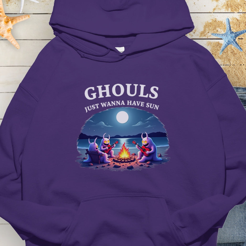 Purple hoodie with Ghouls around campfire with text Ghouls Just Wanna Have Sun