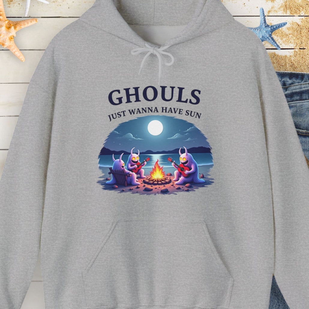 Gray hoodie with Ghouls around campfire with text Ghouls Just Wanna Have Sun