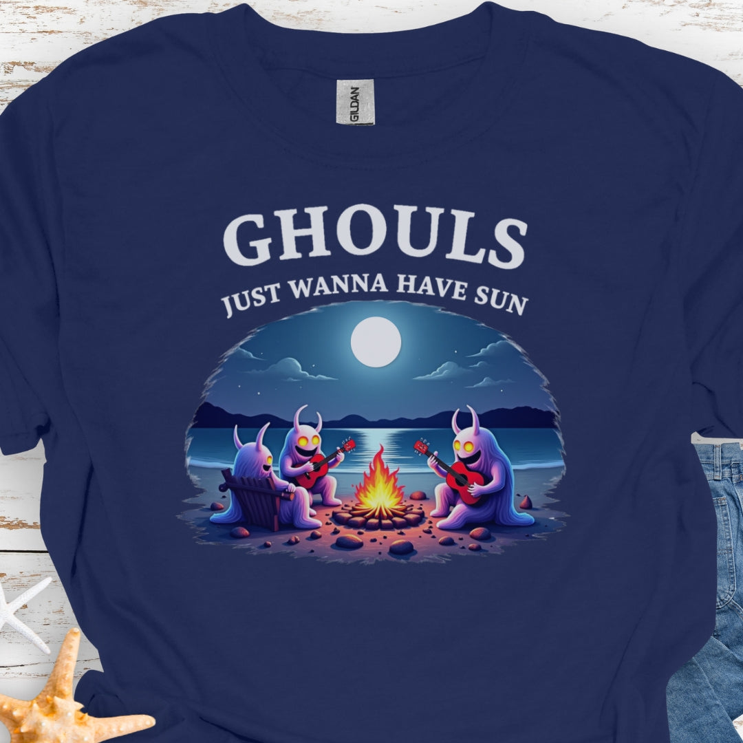 Navy t-shirt with Ghouls around campfire with text Ghouls Just Wanna Have Sun