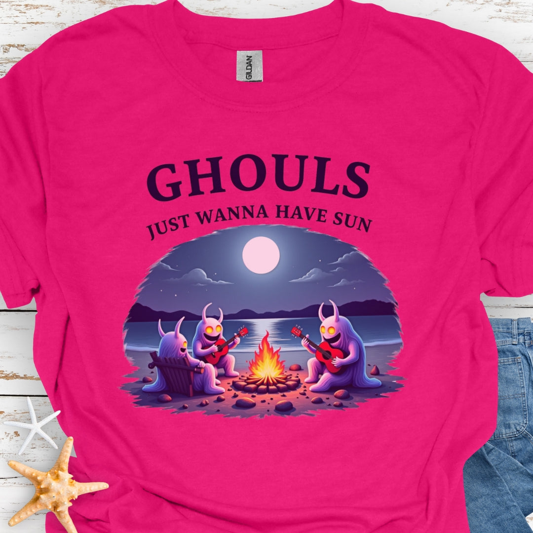 Heliconia  t-shirt with Ghouls around campfire with text Ghouls Just Wanna Have Sun