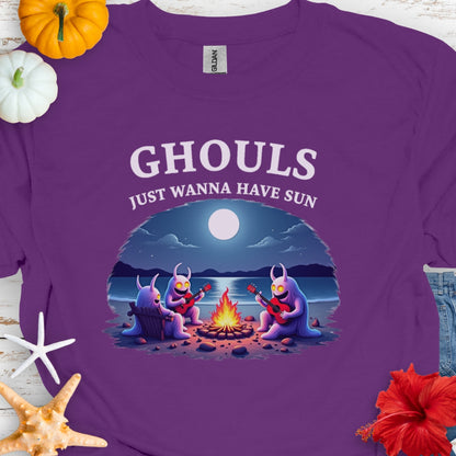 Purple t-shirt with Ghouls around campfire with text Ghouls Just Wanna Have Sun