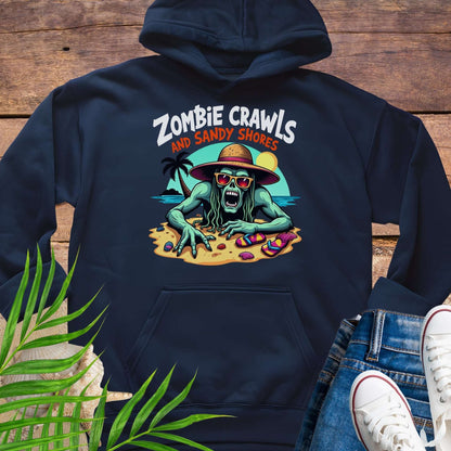Navy blue hoodie with a graphic design of a zombie on a beach, text 'Zombie Crawls and Sandy Shores', on a wooden surface.