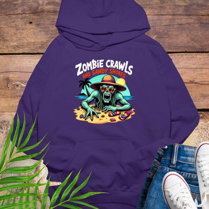 Purple hoodie with a zombie and beach graphic on a wooden surface
