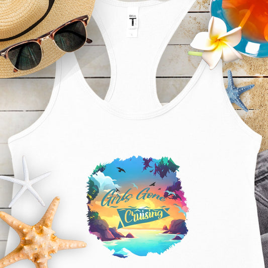 White tank top with Sunset Island with Girl's Gone Cruising text